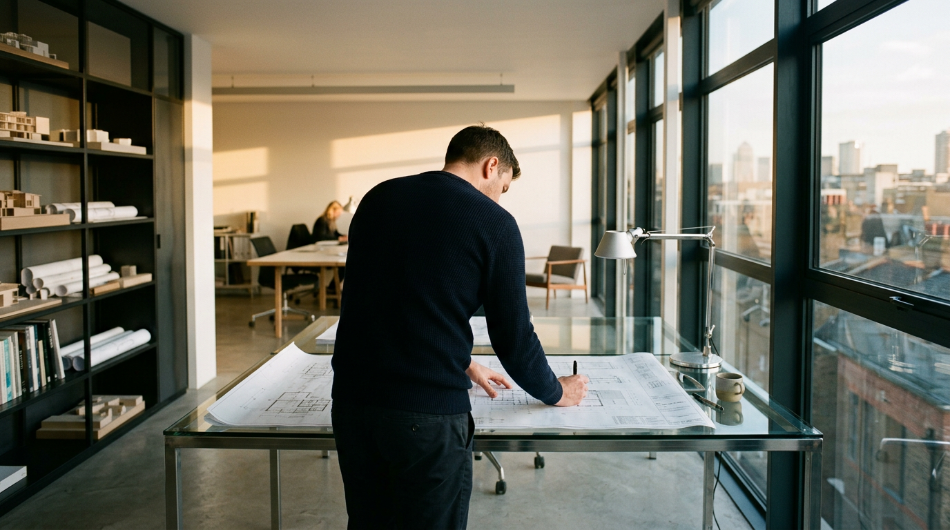Estudio de arquitectura minimalista con luz natural