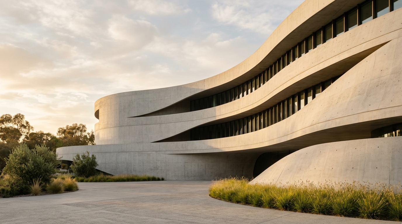 Edificio de arquitectura con fachada curva de hormigón